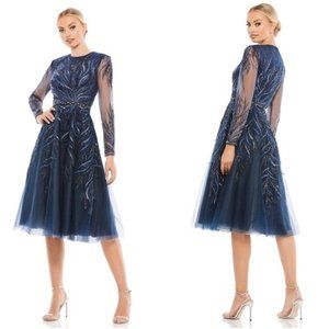 Mac Duggal Embellished Tea Length Illusion Cocktail Dress - Twilight Size 16 NWT